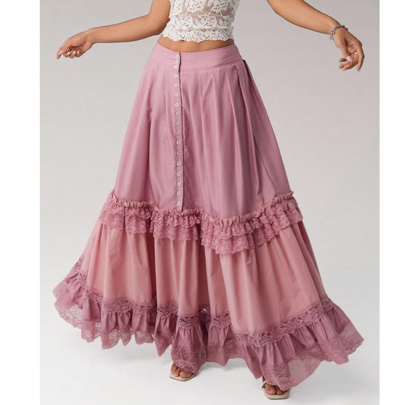 Solid Pink Button. Detail Lace Ruffle hem Flowy Maxi Skirt - Picture 2 of 6
